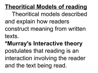 Theoritical Models of reading
Theoritical models described
and explain how readers
construct meaning from written
texts.
*Murray's Interactive theory
postulates that reading is an
interaction involving the reader
and the text being read.
 
