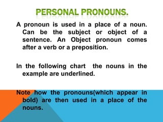 A pronoun is used in a place of a noun.
  Can be the subject or object of a
  sentence. An Object pronoun comes
  after a verb or a preposition.

In the following chart the nouns in the
  example are underlined.

Note how the pronouns(which appear in
 bold) are then used in a place of the
 nouns.
 