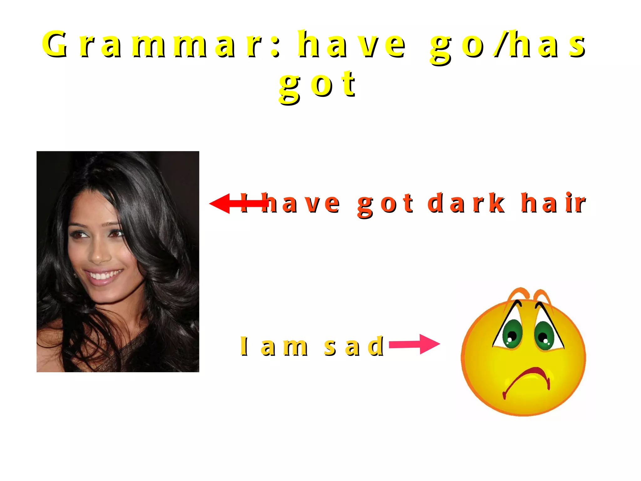 Grammar: have go/has got I have got dark hair I am sad   