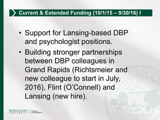 •  Support for Lansing-based DBP
and psychologist positions.
•  Building stronger partnerships
between DBP colleagues in
Grand Rapids (Richtsmeier and
new colleague to start in July,
2016), Flint (O’Connell) and
Lansing (new hire).
Current & Extended Funding (10/1/15 – 9/30/16) I
 