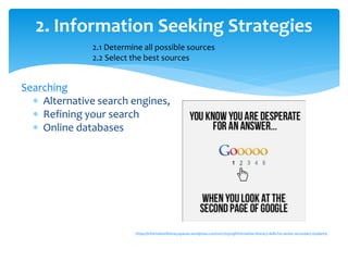 Searching
 Alternative search engines,
 Refining your search
 Online databases
https://informationliteracyspaces.wordpress.com/2017/03/29/information-literacy-skills-for-senior-secondary-students/
2. Information Seeking Strategies
2.1 Determine all possible sources
2.2 Select the best sources
 