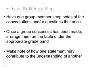 Activity: Building a Map

• Have one group member keep notes of the
  conversations and/or questions that arise

• Once a group consensus has been made,
  arrange them on the table under the
  appropriate grade band

• Make note of how one statement may
  contribute to the understanding of another
 