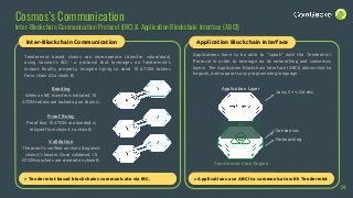 Java, C++, Go etc.
Cosmos’s Communication
Inter-Blockchain Communication Protocol (IBC) & Application Blockchain Interface (ABCI)
Bonding
When an IBC transfer is initiated, 10
ATOM tokens are locked up on chain A.
Proof Relay
Proof that 10 ATOM are bonded is
relayed from chain A to chain B.
Validation
The proof is verified on chain B against
chain A’s header. Once validated, 10
ATOM-vouchers are created on chain B.
Tendermint based chains can interoperate (transfer value/data)
using Cosmos’s IBC - a protocol that leverages on Tendermint’s
instant finality property. Imagine trying to send 10 ATOM tokens
from chain A to chain B:
Inter-Blockchain Communication
Applications have to be able to “speak” with the Tendermint
Protocol in order to leverage on its networking and consensus
layers. The Application Blockchain Interface (ABCI) allows that to
happen, and supports any programming language.
Consensus
Networking
Application Blockchain Interface
> Tendermint based blockchains communicate via IBC. > Applications use ABCI to communicate with Tendermint
Tendermint Core Engine
Application Layer
24
 