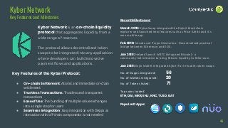 Key Features of the Kyber Protocol:
● On-chain Settlement: Atomic and immediate on-chain
settlement
● Trustless Transactions: Trustless and transparent
transactions
● Ease of Use: The bundling of multiple value exchanges
into a single step for users
● Seamless Integration: Easy integration with DApps as
interaction with off-chain components is not needed
Kyber Network
Key Features and Milestones
Kyber Network is an on-chain liquidity
protocol that aggregates liquidity from a
wide range of reserves.
The protocol allows decentralized token
swaps to be integrated into any application
where developers can build innovative
payment flows and applications.
Recent Milestones:
March 2019: KyberSwap integrated the EnjinX blockchain
explorer and launched new features such as Price Alerts and it’s
own mobile app
Feb 2019: Introduced Project Waterloo - Decentralized practical
bridge between Ethereum and EOS.
Jan 2019: Helped launch WBTC (Wrapped Bitcoin) - a
community-led initiative to bring Bitcoin liquidity to Ethereum.
Jan 2019: Enjin Wallet integrated Kyber for in-wallet token swaps
46
No. of Dapps integrated: 56
No. of Wallets integrated: 20
No. of Tokens listed: 71
Top coins traded:
ETH, DAI, MKR, ENJ, KNC, TUSD, BAT
Popular DApps:
 