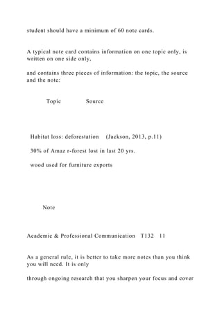 student should have a minimum of 60 note cards.
A typical note card contains information on one topic only, is
written on one side only,
and contains three pieces of information: the topic, the source
and the note:
Topic Source
Habitat loss: deforestation (Jackson, 2013, p.11)
30% of Amaz r-forest lost in last 20 yrs.
wood used for furniture exports
Note
Academic & Professional Communication T132 11
As a general rule, it is better to take more notes than you think
you will need. It is only
through ongoing research that you sharpen your focus and cover
 