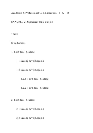 Academic & Professional Communication T132 15
EXAMPLE 2: Numerical topic outline
Thesis
Introduction
1. First-level heading
1.1 Second-level heading
1.2 Second-level heading
1.2.1 Third-level heading
1.2.2 Third-level heading
2. First-level heading
2.1 Second-level heading
2.2 Second-level heading
 