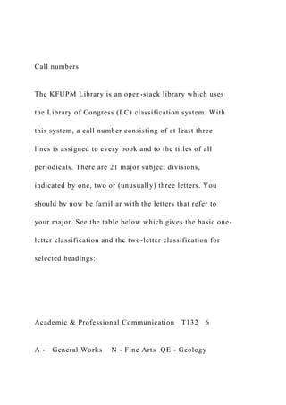 Call numbers
The KFUPM Library is an open-stack library which uses
the Library of Congress (LC) classification system. With
this system, a call number consisting of at least three
lines is assigned to every book and to the titles of all
periodicals. There are 21 major subject divisions,
indicated by one, two or (unusually) three letters. You
should by now be familiar with the letters that refer to
your major. See the table below which gives the basic one-
letter classification and the two-letter classification for
selected headings:
Academic & Professional Communication T132 6
A - General Works N - Fine Arts QE - Geology
 