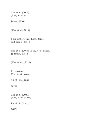 Coe et al. (2010)
(Coe, Kent, &
Jones, 2010)
(Coe et al., 2010)
Four authors Coe, Kent, Jones,
and Smith (2011)
Coe et al. (2011) (Coe, Kent, Jones,
& Smith, 2011)
(Coe et al., (2011)
Five authors
Coe, Kent, Jones,
Smith, and Dunn
(2007)
Coe et al. (2007)
(Coe, Kent, Jones,
Smith, & Dunn,
2007)
 