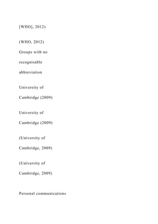 [WHO], 2012)
(WHO, 2012)
Groups with no
recognisable
abbreviation
University of
Cambridge (2009)
University of
Cambridge (2009)
(University of
Cambridge, 2009)
(University of
Cambridge, 2009)
Personal communications
 