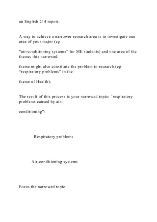 an English 214 report.
A way to achieve a narrower research area is to investigate one
area of your major (eg
“air-conditioning systems” for ME students) and one area of the
theme; this narrowed
theme might also constitute the problem to research (eg
“respiratory problems” in the
theme of Health).
The result of this process is your narrowed topic: “respiratory
problems caused by air-
conditioning”:
Respiratory problems
Air-conditioning systems
Focus the narrowed topic
 