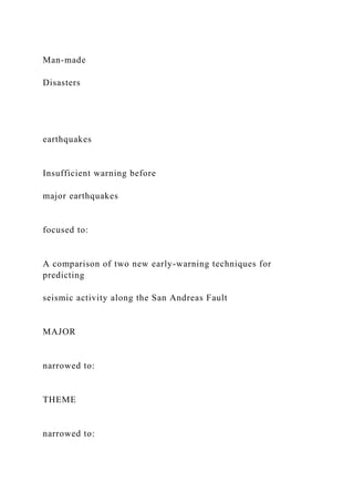Man-made
Disasters
earthquakes
Insufficient warning before
major earthquakes
focused to:
A comparison of two new early-warning techniques for
predicting
seismic activity along the San Andreas Fault
MAJOR
narrowed to:
THEME
narrowed to:
 
