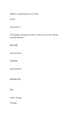 Saline contamination of water
wells
focused to:
The proper design of water wells to prevent saline
contamination
MAJOR
narrowed to:
THEME
narrowed to:
PROBLEM
ME
solar energy
storage
 