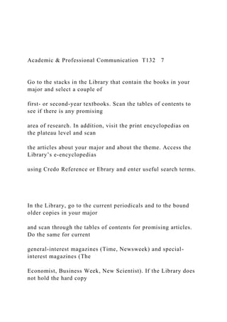 Academic & Professional Communication T132 7
Go to the stacks in the Library that contain the books in your
major and select a couple of
first- or second-year textbooks. Scan the tables of contents to
see if there is any promising
area of research. In addition, visit the print encyclopedias on
the plateau level and scan
the articles about your major and about the theme. Access the
Library’s e-encyclopedias
using Credo Reference or Ebrary and enter useful search terms.
In the Library, go to the current periodicals and to the bound
older copies in your major
and scan through the tables of contents for promising articles.
Do the same for current
general-interest magazines (Time, Newsweek) and special-
interest magazines (The
Economist, Business Week, New Scientist). If the Library does
not hold the hard copy
 