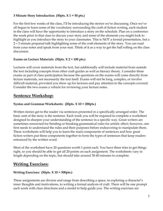 5
3 Minute Story Introduction. (50pts. X 1 = 50 pts.)
For the first few weeks of the class, I’ll be introducing the stories we’re discussing. Once we’ve
all begun to learn some of the vocabulary surrounding the craft of fiction writing, each student
in the class will have the opportunity to introduce a story on the schedule. Plan on a conference
the week prior to that class to discuss your story and some of the elements you might look to
highlight as you introduce the story to your classmates. This is NOT a formal presentation, but a
2—3 minute prepared talk highlighting some of the craft elements of the story. You can read
from your notes and speak from your seat. Think of it as a way to get the ball rolling on the class
discussion.
Exams on Lecture Materials. (50pts. X 2 = 100 pts.)
Lectures will cover materials from the text, but additionally will include material from outside
the text including concepts from other craft guides as well as literary theory. I consider these
exams as part of class participation because the questions on the exams will come directly from
lecture materials, not necessarily the text itself. Exams will not be long, complex, or involve
difficult material, provided you show up for lectures and pay attention to the concepts covered.
Consider the two exams a vehicle for reviewing your lecture notes.
Distinguished Visiting Writers (+10/-10 pts.)
Over the course of the semester, our campus will host several distinguished fiction writers who
will give readings of their work. You are required to attend one and submit a quick reflection on
the reading. I will provide a list of dates and times for readings on BBLearn early in the
semester. Completing this assignment will result in an extra ten points; failure to do so will
result in a ten-point penalty, so it’s a twenty point swing and will serve as a nice introduction to
the world of literary readings.
Sentence Workshop:
Syntax and Grammar Worksheets: (20pts. X 10 = 200pts.)
Written stories get to the reader via sentences presented in a specifically arranged order. The
basic unit of the story is the sentence. Each week you will be required to complete a worksheet
designed to sharpen your understanding of the sentence in a specific way. Great writers are
sometimes renowned for bending or breaking grammatical rules for artistic effect; however, one
first needs to understand the rules and their purposes before endeavoring to manipulate them.
These worksheets will help you to learn the main components of sentences and how great
fiction writers put these components together to form the types of sentences that keep readers
entranced by the written word.
 