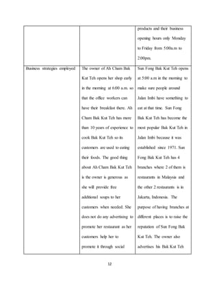 12
products and their business
opening hours only Monday
to Friday from 5:00a.m to
2:00pm.
Business strategies employed The owner of Ah Cham Bak
Kut Teh opens her shop early
in the morning at 6:00 a.m. so
that the office workers can
have their breakfast there. Ah
Cham Bak Kut Teh has more
than 10 years of experience to
cook Bak Kut Teh so its
customers are used to eating
their foods. The good thing
about Ah Cham Bak Kut Teh
is the owner is generous as
she will provide free
additional soups to her
customers when needed. She
does not do any advertising to
promote her restaurant as her
customers help her to
promote it through social
Sun Fong Bak Kut Teh opens
at 5:00 a.m in the morning to
make sure people around
Jalan Imbi have something to
eat at that time. Sun Fong
Bak Kut Teh has become the
most popular Bak Kut Teh in
Jalan Imbi because it was
established since 1971. Sun
Fong Bak Kut Teh has 4
branches where 2 of them is
restaurants in Malaysia and
the other 2 restaurants is in
Jakarta, Indonesia. The
purpose of having branches at
different places is to raise the
reputation of Sun Fong Bak
Kut Teh. The owner also
advertises his Bak Kut Teh
 