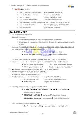 Gramática del Inglés. 2º E.S.O. Prof. José Manuel López González
• ¡🚫 J🚫 ! No se usa THE:
o con los nombres de las comidas: After dinner we went to bed.
o con los días de la semana: I’ll see you on Saturday .
o con los colores: Green is my favorite color.
o con nombres de deportes: I play table tennis very well.
o con países y continentes (excepto the USA y the UK): India is a big country.
o con nombres de calles: You can go shopping to Oxford Street.
o con festividades: When is Easter this year?
12.- Some y Any
• Son Determinantes indefinidos
• Some y Any se usan:
o con nombres contables en plural o con sustantivos incontables,
o para hablar de cantidades indeterminadas de algo, sin importarnos exactamente
cuánto.
• Some: significa CIERTA CANTIDAD DE o ALGO DE, UN POCO DE, ALGÚN, ALGUNOS, ALGUNAS
y se suele utilizar con verbos en forma afirmativa:
! There’s some sugar Hay algo de azúcar
! There are some bananas Hay unos cuantos plátanos
• En castellano no siempre se traduce. Pudiendo decir: Hay azúcar o hay platanos.
• También se puede usar en frases interrogativas cuando ofrecemos o pedimos algo:
! Do you need some paper? Can I have some Coke, please?
! Would you like some tea? Could you give me that, please?
• Any: se suele usar en frases interrogativas: ALGO DE, ALGÚN, ALGUNA.
• Y en frases negativas: NADA DE, NINGÚN, NINGUNA.
• Al igual que “some” no siempre se traduce.
• Pero también se usa en frases afirmativas cuando significa CUALQUIER/A:
! Phone me any time. Llamamé en cualquier momento.
! Catch any bus. Coge cualquier autobús.
• Sus compuestos son: (se usan igual que SOME y ANY)
! SOMEBODY / ANYBODY o SOMEONE / ANYONE ▶︎ para personas ▶︎
Alguien, alguno, alguna.
! SOMETHING / ANYTHING ▶︎ para cosas ▶︎ Algo o alguna cosa.
! SOMEWHERE / ANYWHERE ▶︎ para lugares ▶︎ Algún lugar/sitio/parte.
• Otros compuestos son los de NO y EVERY:
! No One – nobody – nothing – nowhere (nadie, nada, ningún sitio)
lasallepalencia.sallenet.org
- ! -13
 