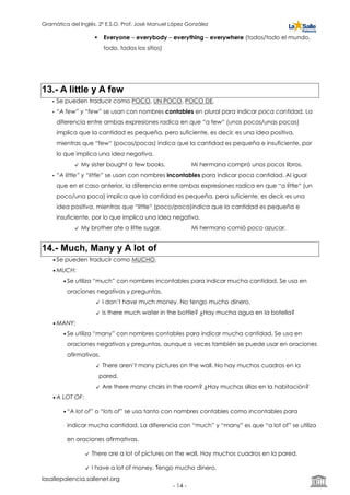 Gramática del Inglés. 2º E.S.O. Prof. José Manuel López González
! Everyone – everybody – everything – everywhere (todos/todo el mundo,
todo, todos los sitios)
13.- A little y A few
• Se pueden traducir como POCO, UN POCO, POCO DE.
• “A few” y “few” se usan con nombres contables en plural para indicar poca cantidad. La
diferencia entre ambas expresiones radica en que “a few“ (unos pocos/unas pocas)
implica que la cantidad es pequeña, pero suficiente, es decir, es una idea positiva,
mientras que “few“ (pocos/pocas) indica que la cantidad es pequeña e insuficiente, por
lo que implica una idea negativa.
My sister bought a few books. Mi hermana compró unos pocos libros.
• “A little” y “little” se usan con nombres incontables para indicar poca cantidad. Al igual
que en el caso anterior, la diferencia entre ambas expresiones radica en que “a little“ (un
poco/una poca) implica que la cantidad es pequeña, pero suficiente, es decir, es una
idea positiva, mientras que “little“ (poco/poca)indica que la cantidad es pequeña e
insuficiente, por lo que implica una idea negativa.
My brother ate a little sugar. Mi hermano comió poco azucar.
14.- Much, Many y A lot of
•Se pueden traducir como MUCHO.
•MUCH:
•Se utiliza “much” con nombres incontables para indicar mucha cantidad. Se usa en
oraciones negativas y preguntas.
I don’t have much money. No tengo mucho dinero.
Is there much water in the bottle? ¿Hay mucha agua en la botella?
•MANY:
•Se utiliza “many” con nombres contables para indicar mucha cantidad. Se usa en
oraciones negativas y preguntas, aunque a veces también se puede usar en oraciones
afirmativas.
There aren’t many pictures on the wall. No hay muchos cuadros en la
pared.
Are there many chairs in the room? ¿Hay muchas sillas en la habitación?
•A LOT OF:
•“A lot of” o “lots of” se usa tanto con nombres contables como incontables para
indicar mucha cantidad. La diferencia con “much” y “many” es que “a lot of” se utiliza
en oraciones afirmativas.
There are a lot of pictures on the wall. Hay muchos cuadros en la pared.
I have a lot of money. Tengo mucho dinero.
lasallepalencia.sallenet.org
- ! -14
 