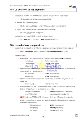 Gramática del Inglés. 2º E.S.O. Prof. José Manuel López González
15.- La posición de los adjetivos
• Los adjetivos SIEMPRE van DELANTE del sustantivo al que califican o describen:
o P. Ej. Casa Blanca =White House; House White
• Se pueden usar 2 adjetivos juntos:
o P. Ej. She is a beautiful old woman = Ella es una bella mujer anciana.
• En frases con el verbo To Be, el adjetivo va detrás del verbo:
o P. Ej. He is clever = Él es inteligente.
• Los Adjetivos son INVARIABLES, es decir, no tienen plural.
o P.Ej. Clever boy = Chico listo; Clever boys = Chicos listos
16.- Los adjetivos comparativos
• Los adjetivos comparativos se utilizan para comparar dos personas, animales o cosas:
o My car is faster than your car. = Mi coche es más rápido que tu coche.
• REGLAS ¡🚫 J🚫 !
o Adjetivos de 1 sílaba (monosílabos, o sea cortitos), se añade –er al adjetivo:
! Fast (rápido) - Faster (más rápido)
! Great (genial) - Greater (más genial)
! Tall (alto) - Taller (más alto)
o Adjetivos cortos formados por consonante + vocal + consonante, duplicamos la
consonante final y añadimos –er:
! Hot (caliente) - Hotter (más caliente)
! Big (grande) - Bigger (más grande)
o Adjetivos cortos terminados en consonante + “y”, se cambia la “y” por “i” y se
añade –er:
! Heavy (duro) - Heavier (más duro)
o Adjetivos polisílabos (de 2 o más sílabas, o sea largos), ponemos la palabra more
delante del adjetivo, y no le añadimos nada más:
! Intelligent (inteligente) - more intelligent (más inteligente)
! Beautiful (bonito) - more beautiful (más bonito)
o ¡🚫 J🚫 ! Adjetivos IRREGULARES, esto quiere decir que NO siguen las reglas de
arriba, si no que tiene su propia forma de comparativo. Son solamente 3, así que
apréndelos de memoria:
• GOOD (bueno) - BETTER (más bueno)
• BAD (malo) - WORSE (más malo)
• FAR (lejos) - FURTHER (más lejos)
lasallepalencia.sallenet.org
- ! -15
 