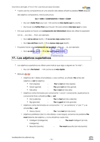 Gramática del Inglés. 2º E.S.O. Prof. José Manuel López González
• Y para usar los comparativos en una oración sólo debes añadir la palabra THAN después
del adjetivo comparativo, mira la estructura:
SUJ + VERB + COMPARATIVE + THAN + COMP
o My car is faster than your car. = Mi coche es más rápido que tu coche.
o My house was further than your house= Mi casa estaba más lejos que tu casa.
• Si lo que quieres es hacer una comparación de inferioridad debes de utilizar la expresión
not as … as o less … than, por ejemplo:
o He is not as old as Martin. = Él no es tan viejo como Martin.
o He is less old than Martin. = Él es menos viejo que Martin.
• Si quieres hacer una comparación de igualdad, utiliza as … as, por ejemplo:
o He is as old as Martin. = Él es tan viejo como Martin.
17.- Los adjetivos superlativos
• Los adjetivos superlativos se utilizan para indicar que algo o alguien es “lo más” :
o My car is the fastest. = Mi coche es el más rápido.
• REGLAS ¡🚫 J🚫 !
o Adjetivos de 1 sílaba (monosílabos, o sea cortitos), se añade the antes del
adjetivo y –est al adjetivo:
! Fast (rápido) - The fastest (el más rápido)
! Great (genial) - The greatest (el más genial)
! Tall (alto) - The tallest (el más alto)
o Adjetivos cortos formados por consonante + vocal + consonante, duplicamos la
consonante final y añadimos the y –est:
! Hot (caliente) - The hottest (el más caliente)
! Big (grande) - The biggest (el más grande)
o Adjetivos cortos terminados en consonante + “y”, se cambia la “y” por “i” y se
añade the y –est:
! Heavy (duro) - The heaviest (el más duro)
o Adjetivos polisílabos (de 2 o más sílabas, o sea largos), ponemos las palabras the
most delante del adjetivo, y no le añadimos nada más:
! Intelligent (inteligente) - The most intelligent (el más
inteligente)
! Beautiful (bonito) - The most beautiful (el más bonito)
lasallepalencia.sallenet.org
- ! -16
 