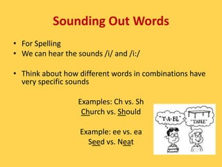Sounding Out Words
• For Spelling
• We can hear the sounds /i/ and /i:/

• Think about how different words in combinations have
  very specific sounds

                  Examples: Ch vs. Sh
                   Church vs. Should

                   Example: ee vs. ea
                     Seed vs. Neat
 