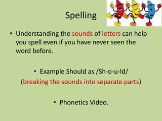 Spelling
• Understanding the sounds of letters can help
  you spell even if you have never seen the
  word before.

       • Example Should as /Sh-o-u-ld/
   (breaking the sounds into separate parts)

              • Phonetics Video.
 