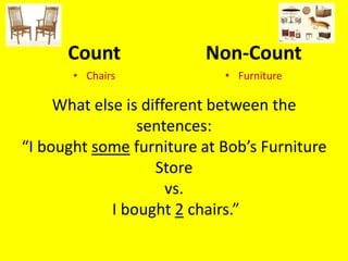 Count              Non-Count
       • Chairs             • Furniture

     What else is different between the
                 sentences:
“I bought some furniture at Bob’s Furniture
                    Store
                      vs.
             I bought 2 chairs.”
 