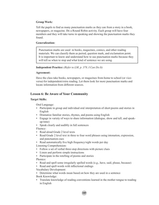 197
Group Work:
Tell the pupils to ﬁnd as many punctuation marks as they can from a story in a book,
newspapers, or magazine. Do a Round Robin activity. Each group will have four
members and they will take turns in speaking and showing the punctuation marks they
found.
Generalization:
Punctuation marks are used in books, magazines, comics, and other reading
materials. We can classify them as period, question mark, and exclamation point.
It is important to know and understand how to use punctuation marks because they
will tell us when to stop and what kind of sentence we are using.
Independent Practice: (Refer to LM, p. 378, I Can Do It)
Agreement:
Have the class take books, newspapers, or magazines from home to school (or vice-
versa) for independent/extra reading. Let them look for more punctuation marks and
locate information from different sources.
Lesson 6: Be Aware of Your Community
Target Skills:
Oral Language:
• Participate in group and individual oral interpretation of short poems and stories in
English
• Dramatize familiar stories, rhymes, and poems using English
• Engage in variety of ways to share information (dialogue, show and tell, and speak-
up time)
• Speak clearly and audibly in full sentences
Fluency:
• Read aloud Grade 2 level texts
• Read Grade 2 level text in three to four word phrases using intonation, expression,
and punctuation cues
• Read automatically ﬁve high frequency/sight words per day
Listening Comprehension:
• Follow a set of verbal three-step directions with picture clues
• Listen and perform simple instructions
• Participate in the retelling of poems and stories
Phonics:
• Read and spell some irregularly spelled words (e.g., have, said, please, because)
• Read and spell words with inﬂectional endings
Vocabulary Development:
• Determine what words mean based on how they are used in a sentence
Book Knowledge:
• Translate knowledge of reading conventions learned in the mother tongue to reading
in English
 