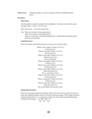 211
Value Focus: Working together as a team can help us ﬁnish our alphabet banner
faster.
Procedure:
Motivation:
Ask the pupils to study the symbols for the alphabets. Use these to decode the secret
message. (Refer to LM, p. 399, Get Set)
Show the answer – I love the prepositions.
Ask: What do you know about prepositions?
Why do we need to study prepositions?
Today, we will sing a song about prepositions to understand its meaning and to
learn more about them.
Guided Practice:
Show the teacher chart and the pictures or create your own jazz chant.
Where’s the monkey? Where is it? (2x)
In the box (2x)
Where’s the bird? Where is it? (2x)
On the tree (2x)
Where’s the snake? Where is it? (2x)
Under the rock (2x)
On, in, and under
Where’s the apple? Where is it? (2x)
In the box (2x)
Where’s the carrot? Where is it? (2x)
On the chair (2x)
Where’s the rabbit? Where is it? (2x)
Under the bench (2x)
On, in, and under. Great!
Where’s the book? Where is it? (2x)
On the desk (2x)
Where’s the pencil? Where is it? (2x)
In the box (2x)
Where’s the ruler? Where is it? (2x)
Under the chair (2x)
On, in, and under. See you next time!
Independent Practice:
Have the class make a preposition banner. Divide the class into ﬁve groups so they can
make their alphabet banners made of colorful construction paper. Write simple sentences
using the prepositions in, on, and under to help your team make meaningful buntings.
Distribute the buntings.
 