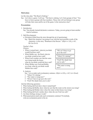 235
Motivation:
Let the class play “The Boat Is Sinking.”
Say: Let’s have a game. I will say: “The boat is sinking. Let’s form groups of four.” You
have to form a group with four members. Those who will not belong to any group
will take their seats and be out of the game. Is the instruction clear?
Presentation:
1. Introduction:
Say: You already learned declarative sentences. Today, you are going to learn another
kind of sentence.
2. Skill Development:
a. Elicitation (lifted from the story through the art of questioning)
Say: Match the situation I am going to say with the most possible words of the
characters in the story “Boatman to the Rescue.” (Refer to LM, p. 441,
We Can Do It)
Teacher’s Part:
Choices
• When it rained hard, what do you think
would Fred have said?
• When Bobby saw the ﬂood, what do
you think would he have said?
• When Fred’s mother saw that the water
was rising inside the house,
what do you think would she have said?
• When Mother saw Fred and Bobby
on a boat, what do you think would
Mother have said?
b. Analysis
Say: Let us study each exclamatory sentence. (Refer to LM, p. 442, Let’s Read)
1. “Yehey! It’s raining.”
2. “The water is rising now!”
3. “Oh no! I have to go up to the roof.”
4. “Fred! Oh, thank God, you’re safe.”
Ask the following questions:
1. What feeling did Fred show when it rained hard?
2. What feeling did Bobby show when he saw that the water on the streets was rising?
3. What feeling did Mother show when the water in their house was rising?
4. What feeling did Fred’s mother show when she saw Fred was safe?
5. Are these feelings strong or weak?
6. What punctuation mark ends each exclamatory sentence? Everybody,
write an exclamation point in the air.
“Oh, no! I have to go
up to the roof.”
“Yehey! It’s raining!”
“Fred! Oh, thank God,
you’re safe.”
“The water is rising
now!”
 
