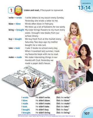 107
13-14
13-14
13-14
13-14
13-14
13-14
Lessons
Lessons
Lessons
write — wrote I write letters to my cousin every Sunday.
Yesterday she wrote a letter to me.
blow — blew Winds often blow in February.
We blew up a lot of balloons for our party.
bring — brought My sister brings flowers to my mum every
week. I brought new books from our
school library.
buy — bought We buy fresh fruit at the market every
Saturday. Two days ago my mother
bought me a new suit.
take — took I take 3 books to school every day.
When I travelled last summer, I took
my favourite book with me to read.
make — made We make interesting things in our
Handicraft Club. Yesterday we
made a paper doll’s house.
Listen and read. / Послухай та прочитай.
1
I wrote. He didn’t write. Did she write?
I blew. He didn’t blow. Did she blow?
I made. He didn’t make. Did she make?
I took. He didn’t take. Did she take?
I bought. He didn’t buy. Did she buy?
I brought. He didn’t bring. Did she bring?
I take 3 books to school every day.
When I travelled last summer, I took
my favourite book with me to read.
We make interesting things in our
Handicraft Club. Yesterday we
wrote. He didn’t write
Право для безоплатного розміщення підручника в мережі Інтернет має
Міністерство освіти і науки України http://mon.gov.ua/ та Інститут модернізації змісту освіти https://imzo.gov.ua
 