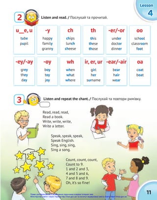 4
4
4
Lesson
Lesson
Lesson
11
Listen and read. / Послухай та прочитай.
2
u__e, u
tube
pupil
-ey/-ay
grey
they
day
ch
chips
lunch
cheese
wh
when
what
where
-er/-or
under
doctor
dinner
-ear/-air
bear
hair
wear
-y
happy
family
granny
-oy
boy
toy
joy
th
this
these
those
ir, er, ur
girl
her
surname
oa
coat
boat
oo
school
classroom
foot
3 Listen and repeat the chant. / Послухай та повтори римівку.
Read, read, read,
Read a book.
Write, write, write,
Write a letter.
Speak, speak, speak,
Speak English.
Sing, sing, sing,
Sing a song.
Count, count, count,
Count to 9.
1 and 2 and 3,
4 and 5 and 6,
7 and 8 and 9.
Oh, it’s so fine!
Право для безоплатного розміщення підручника в мережі Інтернет має
Міністерство освіти і науки України http://mon.gov.ua/ та Інститут модернізації змісту освіти https://imzo.gov.ua
 