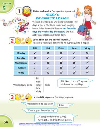 5
5
5
Lesson
Lesson
Lesson
54
Listen and read. / Послухай та прочитай.
1
Vicky is a schoolgirl. She goes to school five
days a week. She likes music and singing.
Music is her favourite lesson. Her favourite
days are Wednesday and Friday. She has
got Music lessons on these days.
2 Look.Then ask and answer in pairs. /
Розглянь таблицю. Запитуйте та відповідайте в парах.
3 Have a talk in pairs. / Поговоріть удвох.
What lesson do you like?
What is your favourite day?
... is (are) my favourite day(s).
I have got ... on this (these) day(s).
I like ... .
Послухай та прочитай.
Bill Nick Peter Jane Vicky
Monday  
Tuesday   
Wednesday  
Thursday   
Friday  
Which day(s) does like?
Bill
Nick
Peter
Jane
Vicky
Bill likes... . It is / They are
his favourite day/days.
Vicky is a schoolgirl. She goes to school five
VICKY’S
FAVOURITE LESSON
Право для безоплатного розміщення підручника в мережі Інтернет має
Міністерство освіти і науки України http://mon.gov.ua/ та Інститут модернізації змісту освіти https://imzo.gov.ua
 