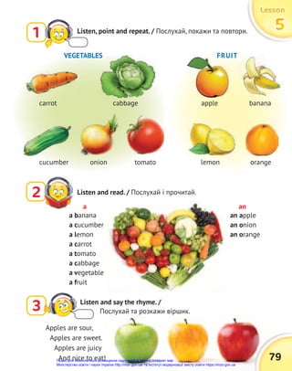 Lesson
Lesson
Lesson
5
5
5
Listen and read. / Послухай і прочитай.
2
3 Listen and say the rhyme. /
Послухай та розкажи віршик.
Apples are sour,
Apples are sweet.
Apples are juicy
And nice to eat!
a banana
a cucumber
a lemon
a carrot
a tomato
a cabbage
a vegetable
a fruit
an apple
an onion
an orange
a an
VEGETABLES FRUIT
carrot apple banana
cucumber onion tomato lemon orange
cabbage
1 Listen, point and repeat. / Послухай, покажи та повтори.
79
Право для безоплатного розміщення підручника в мережі Інтернет має
Міністерство освіти і науки України http://mon.gov.ua/ та Інститут модернізації змісту освіти https://imzo.gov.ua
 
