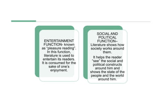ENTERTAINMENT
FUNCTION- known
as “pleasure reading”.
In this function,
literature is used to
entertain its readers.
It is consumed for the
sake of one’s
enjoyment.
SOCIAL AND
POLITICAL
FUNCTION–
Literature shows how
society works around
them.
It helps the reader
“see” the social and
political constructs
around him and
shows the state of the
people and the world
around him.
 