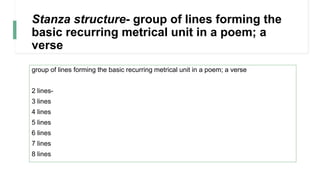 Stanza structure- group of lines forming the
basic recurring metrical unit in a poem; a
verse
group of lines forming the basic recurring metrical unit in a poem; a verse
2 lines-
3 lines
4 lines
5 lines
6 lines
7 lines
8 lines
 