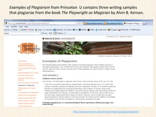 http://www.princeton.edu/pr/pub/integrity/pages/plagiarism/
Examples of Plagiarism from Princeton U contains three writing samples
that plagiarize from the book The Playwright as Magician by Alvin B. Kernan.
 