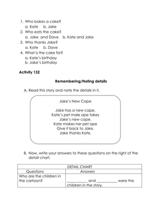 1. Who bakes a cake? 
a. Kate b. Jake 
2. Who eats the cake? 
a. Jake and Dave b. Kate and Jake 
3. Who thanks Jake? 
a. Kate b. Dave 
4. What is the cake for? 
a. Kate’s birthday 
b. Jake’s birthday 
Activity 132 
Remembering/Noting details 
A. Read this story and note the details in it. 
B. Now, write your answers to these questions on the right of the detail chart. 
DETAIL CHART 
Questions 
Answers 
Who are the children in the cartoon? 
___________ and ___________ were the children in the story. 
Jake’s New Cape 
Jake has a new cape. 
Kate’s pet male ape takes 
Jake’s new cape. 
Kate makes her pet ape 
Give it back to Jake. 
Jake thanks Kate. 
 