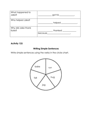 What happened to Jake? 
_____________ got his ______________. 
Who helped Jake? 
______________ helped _______________. 
Why did Jake thank Kate? 
______________ thanked _____________ because______________________. 
Activity 133 
Writing Simple Sentences 
Write simple sentences using the verbs in the circle chart. 
run 
fall 
hug 
jog 
bake  