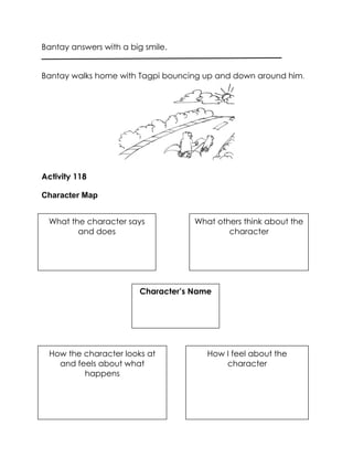 Bantay answers with a big smile. 
Bantay walks home with Tagpi bouncing up and down around him. 
Activity 118 
Character Map 
Character’s Name 
What the character says and does 
How the character looks at and feels about what happens 
What others think about the character 
How I feel about the character  