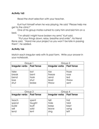Activity 165 
Read the short selection with your teacher. 
Kurt hurt himself when he was playing. He said “Please help me get to the clinic!” 
One of his group mates rushed to carry him and laid him on a bed. 
”I’m afraid I might have broken my arms” Kurt said. 
“Put your things down, relax, breathe and smile”, his friend Rene said. “Hand me your project so you won’t be late in passing them”, he added. 
Activity 166 
Match each irregular verb with its past form. Write your answer in your notebook. 
Group 1 
Group 2 
Irregular verbs 
Past Tense 
Irregular verbs 
Past Tense 
take 
break 
bend 
lose 
shut 
lost 
bent 
took 
shut 
broke 
rise 
freeze 
send 
lead 
throw 
froze 
rose 
led 
threw 
sent 
Group 3 
Group 4 
Irregular verbs 
Past Tense 
Irregular verbs 
Past Tense 
teach 
spend 
build 
sell 
lend 
spent 
taught 
built 
sold 
lent 
tell 
hide 
keep 
leave 
sing 
hid 
told 
kept 
sang 
left  