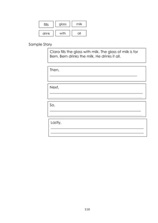 110
Sample Story
fills
drink
glass
with
milk
all
Clara fills the glass with milk. The glass of milk is for
Bern. Bern drinks the milk. He drinks it all.
Then,
_______________________________________________
__________________________________________________
______
Next,
__________________________________________________
__________________________________________________
____
So,
_________________________________________________
__________________________________________________
_______
Lastly,
__________________________________________________
__________________________________________________
_______
 