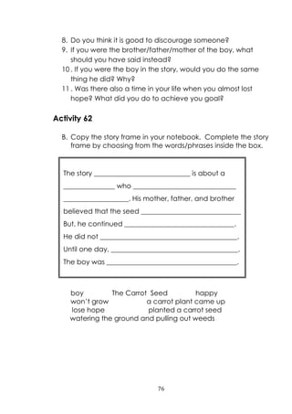 76
8. Do you think it is good to discourage someone?
9. If you were the brother/father/mother of the boy, what
should you have said instead?
10 . If you were the boy in the story, would you do the same
thing he did? Why?
11 . Was there also a time in your life when you almost lost
hope? What did you do to achieve you goal?
Activity 62
B. Copy the story frame in your notebook. Complete the story
frame by choosing from the words/phrases inside the box.
boy The Carrot Seed happy
won‟t grow a carrot plant came up
lose hope planted a carrot seed
watering the ground and pulling out weeds
The story ____________________________ is about a
_______________ who ______________________________
___________________. His mother, father, and brother
believed that the seed _____________________________
But, he continued ________________________________.
He did not ________________________________________.
Until one day, _____________________________________.
The boy was ______________________________________.
 