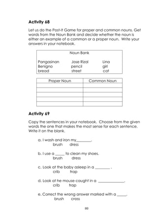 80
Activity 68
Let us do the Post-It Game for proper and common nouns. Get
words from the Noun Bank and decide whether the noun is
either an example of a common or a proper noun. Write your
answers in your notebook.
Noun Bank
Pangasinan Jose Rizal Lina
Benigno pencil girl
bread street cat
Proper Noun Common Noun
Activity 69
Copy the sentences in your notebook. Choose from the given
words the one that makes the most sense for each sentence.
Write it on the blank.
a. I wash and iron my________.
brush dress
b. I use a _____ to clean my shoes.
brush dress
c. Look at the baby asleep in a ________ .
crib trap
d. Look at he mouse caught in a ______________.
crib trap
e. Correct the wrong answer marked with a _____.
brush cross
 