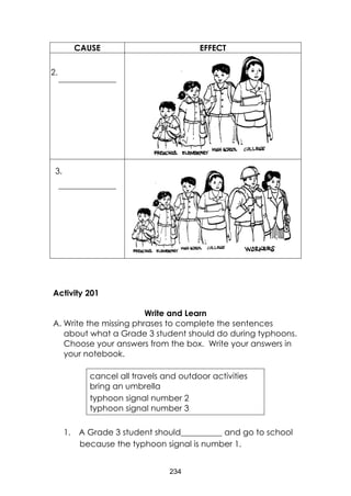 234 
CAUSE 
EFFECT 
______________ 
______________ 
Activity 201 
Write and Learn 
A. Write the missing phrases to complete the sentences about what a Grade 3 student should do during typhoons. Choose your answers from the box. Write your answers in your notebook. 
cancel all travels and outdoor activities bring an umbrella 
typhoon signal number 2 typhoon signal number 3 
1. A Grade 3 student should__________ and go to school because the typhoon signal is number 1. 
2. 
3.  