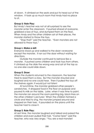 250 
sit down. It climbed on the seats and put its head out of the window. It took up so much room that Andy had no place to sit. 
Group U: Role Play: 
But Andy’s teacher was not at all surprised to see the monster enter the classroom. It pushed ahead of everyone, grabbed a box of toys, and dumped them on the floor. When Andy and the other children sat at their places, the monster started to throw the toys. 
“Stop that!” said the teacher. “Even monsters are not allowed to throw toys.” 
Group L: Make a skit: 
Everyone stood up and walked to the door—everyone except the monster. It ran out the door without waiting for directions. 
Outside the monster continued to behave like a monster. It pushed some children and took toys from others. It climbed up the slide the wrong way and sat at the top so no one else could slide down. 
Group E: Draw: 
When the students returned to the classroom, the teacher tried to read them a story. But the monster shouted and laughed and no one could hear. Then it pulled the toys off the shelves again. It would just not listen! 
At lunchtime, the monster grabbed other people’s sandwiches. It dropped food in the floor on purpose and poured its milk on the table. Later, when it was time to paint, the monster ran around the room painting big, black lines on the other children’s pictures! When the children formed a circle and tried to sing, the monster jumped around and stepped on their toes. It pounded on the piano until the teacher had to close it. 
Group S: Role Play: 
At rest time, the monster laughed and talked and poked the children and even pulled their hair. “Come here!” said the teacher, who was very angry. “You are a real monster!  