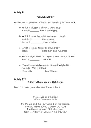 256 
Activity 221 
Which is which? 
Answer each question. Write your answer in your notebook. 
a. Which is bigger, a city or a barangay? 
A city is ________ than a barangay. 
b. Which is more beautiful, a rose or a daisy? 
A daisy is _________ than a rose. 
A rose is ___________ than a daisy. 
c. Which is lesser, ten or one hundred? 
Ten is ____________ lesser than one hundred. 
d. Rene is eight years old. Ryan is nine. Who is older? 
Ryan is _________ than Rene. 
e. Miguel weighs 80 pounds. Manual weighs 75 pounds. Who is lighter? 
Manuel is ___________ than Miguel. 
Activity 222 
A Story with ou and ow Diphthongs 
Read the passage and answer the questions. 
The Mouse and the Sow 
Mil Flores-Ponciano and Leo Go 
The Mouse and the Sow walked on the ground. 
The two friends found a pail of pig food 
The Mouse shouted, “It tastes good. 
Come on, Sow, let us run on the ground.”  