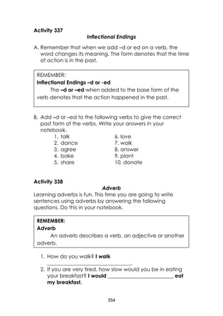 354
Activity 337
Inflectional Endings
A. Remember that when we add –d or ed on a verb, the
word changes its meaning. The form denotes that the time
of action is in the past.
B. Add –d or –ed to the following verbs to give the correct
past form of the verbs. Write your answers in your
notebook.
1. talk 6. love
2. dance 7. walk
3. agree 8. answer
4. bake 9. plant
5. share 10. donate
Activity 338
Adverb
Learning adverbs is fun. This time you are going to write
sentences using adverbs by answering the following
questions. Do this in your notebook.
1. How do you walk? I walk
________________________________.
2. If you are very tired, how slow would you be in eating
your breakfast? I would _________________________ eat
my breakfast.
REMEMBER:
Inflectional Endings –d or -ed
The –d or –ed when added to the base form of the
verb denotes that the action happened in the past.
REMEMBER:
Adverb
An adverb describes a verb, an adjective or another
adverb.
 