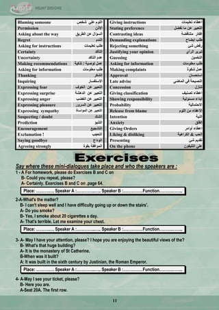 11
Blaming someone ‫شخض‬ ٍٟ‫ػ‬ ٌٍَٛ‫ا‬
Permission ْ‫االر‬
Asking about the way ‫اٌـش٠ك‬ ٓ‫ػ‬ ‫اٌغؤاي‬
Regret َ‫إٌذ‬
Asking for instructions ‫رؼٍ١ّبد‬ ‫ؿٍت‬
Certainty ‫اٌزأوذ‬
Uncertainty ‫اٌزأوذ‬ َ‫ػذ‬
Making recommendations ‫رٛط١خ‬ ًّ‫ػ‬/‫رزو١خ‬
Asking for information ‫ِؼٍِٛبد‬ ‫ؿٍت‬
Thanking ‫اٌشىش‬
Inquiring ‫االعزفغبس‬
Expressing fear ‫ا‬ ٓ‫ػ‬ ‫اٌزؼج١ش‬‫ٌخٛف‬
Expressing surprise ‫اٌذ٘شخ‬ ٓ‫ػ‬ ‫اٌزؼج١ش‬
Expressing anger ‫اٌغؼت‬ ٓ‫ػ‬ ‫اٌزؼج١ش‬
Expressing pleasure ‫اٌغشٚس‬ ٓ‫ػ‬ ‫اٌزؼج١ش‬
Expressing sympathy ‫اٌّٛاعبح‬ ٓ‫ػ‬ ‫اٌزؼج١ش‬
Suspecting / doubt ‫اٌشه‬
Prediction ‫اٌزٕجؤ‬
Encouragement ‫اٌزشغ١غ‬
Exclamation ! ‫اٌزؼغت‬
Saying goodbye ‫اٌٛداع‬
Agreeing strongly ‫ثمٛح‬ ‫اٌّٛافمخ‬
Giving instructions ‫رؼٍ١ّبد‬ ‫اػـبء‬
Stating preference ً‫ٔفؼ‬ ‫ِب‬ ٓ‫ػ‬ ‫اٌزؼج١ش‬
Contrasting ideas ‫ِزٕبلؼخ‬ ‫افىبس‬
Demanding explanations ‫ا٠ؼبػ‬ ‫ؿٍت‬
Rejecting something ‫شئ‬ ‫سفغ‬
Justifying your opinion ٞ‫اٌشأ‬ ‫رجش٠ش‬
Guessing ٓ١ّ‫اٌزخ‬
Asking for information ‫ِؼٍِٛبد‬ ‫ؿٍت‬
Making complaints ‫شىٛح‬ ًّ‫ػ‬
Approval ْ‫اعزؾغب‬
Late advise ٟ‫اٌّبػ‬ ٟ‫ف‬ ‫إٌظ١ؾخ‬
Concession ‫رٕبصي‬
Giving classification ‫رظٕ١ف‬ ‫اػـبء‬
Showing responsibility ‫ِغئٌٛ١خ‬ ‫اثذاء‬
Probability ‫االؽزّبٌ١خ‬
Release from blame ٌٍَٛ‫ا‬ ِٓ ‫االػفبء‬
Intention ‫إٌ١خ‬
Anxiety ‫اٌمٍك‬
Giving Orders ‫أٚاِش‬ ‫اػـبء‬
Liking & disliking ‫اٌؾت‬&‫اٌىشا٘١خ‬
Presenting ‫شئ‬ ُ٠‫رمذ‬
On the phone ْٛ‫اٌزٍ١ف‬ ٍٟ‫ػ‬
Say where these mini-dialogues take place and who the speakers are :
1 - A For homework, please do Exercises B and C on
B- Could you repeat, please?
A- Certainly. Exercises B and C on .page 64.
Place: ……….…. Speaker A :…………..….. Speaker B :……………Function……….……..
2-A-What's the matter?
B- I can't sleep well and I have difficulty going up or down the stairs'.
A- Do you smoke?
B- Yes, I smoke about 20 cigarettes a day.
A- That's terrible. Let me examine your chest.
Place: ……….…. Speaker A :…………..….. Speaker B :……………Function……….……..
3- A- May I have your attention, please? I hope you are enjoying the beautiful views of the?
B- What's that huge building?
A- It is the monastery of St Catherine.
B-When was it built?
A: It was built in the sixth century by Justinian, the Roman Emperor.
Place: ……….…. Speaker A :…………..….. Speaker B :……………Function……….……..
4- A-May I see your ticket, please?
B- Here you are.
A-Seat 20A. The first row.
 