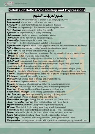 19
3-Units of Hello 8 Vocabulary and Expressions
‫إٌّٙظ‬ ‫رؼش٠فبد‬ ‫عّ١غ‬
Representative: someone who is chosen to do things, speak, vote
Launch (n): when a spacecraft is sent into space
Leak (n): a small hole that liquid or gas gets out through
Mission: an important job that someone has been given to do
Secret (adj): known about by only a few people
System: an organized way of doing something.
Astronomer: is the person who predicts the weather.
Astronaut: Is the person who travels into space.
Currently: happening at the present time
Gravity: the force that makes objects fall to the ground
Gymnastics: a sport in which skilful physical exercises and movements are performed
Side effect: an unexpected result of an activity, situation or event
Spin (v): to turn around and around very quickly
Spoke (n): one of the thin metal bars connect the ring outside of a wheel to the centre
Attach: to fasten or join one thing to another
Weightless: having no weight (especially when you are floating in space(
Debate (n): an organized discussion on an important subject
Escapism: entertainment or activity that helps you to forget about your work or
worries and think of something more enjoyable
Coronation: a ceremony in which somebody officially becomes a king or queen
Classics: the study of the language, literature and history of ancient Greece and Rome
Castle: large strong building built in the past to protect the people inside from attack
Fictional: not real, invented by a writer
Publication: when a book is printed and available to buy
Occasion: an important event or ceremony
Couple: two people who are married or have a romantic relationship
Wealthy: rich; having a lot of money, land or valuable possessions
Energy: Power used from different sources to produce heat
Geothermal energy: Heat coming out from inside the Earth
Nuclear energy: Power produced by splitting or joining atoms
Solar power: Power produced by the heat of the sun.
Renewable energy: Energy that will never run out. (last forever)
Non-renewable energy: Energy that will run out. (fossil fuel (
Hydro-electric power: Using water to generate electricity .
Waste: Materials left after using some thing which isn't needed.
Fossil fuel: Fuel from under the ground such as; oil – coal – natural gas.
Oasis: A beautiful place in the desert where plants and water are found.
Land fill: A large deep hole where rubbish is disposed or buried.
Recycling: The process of re-using materials (paper-glass) several times.
Competition: An organized event in which people or teams compete against each other.
 