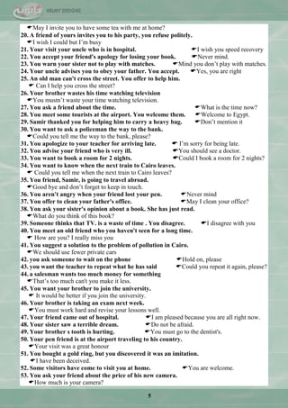 5
May I invite you to have some tea with me at home?
20. A friend of yours invites you to his party, you refuse politely.
I wish I could but I‘m busy
21. Your visit your uncle who is in hospital. I wish you speed recovery
22. You accept your friend's apology for losing your book. Never mind.
23. You warn your sister not to play with matches. Mind you don‘t play with matches.
24. Your uncle advises you to obey your father. You accept. Yes, you are right
25. An old man can't cross the street. You offer to help him.
 Can I help you cross the street?
26. Your brother wastes his time watching television
You mustn‘t waste your time watching television.
27. You ask a friend about the time. What is the time now?
28. You meet some tourists at the airport. You welcome them. Welcome to Egypt.
29. Samir thanked you for helping him to carry a heavy bag. Don‘t mention it
30. You want to ask a policeman the way to the bank.
Could you tell me the way to the bank, please?
31. You apologize to your teacher for arriving late.  I‘m sorry for being late.
32. You advise your friend who is very ill. You should see a doctor.
33. You want to book a room for 2 nights. Could I book a room for 2 nights?
34. You want to know when the next train to Cairo leaves.
 Could you tell me when the next train to Cairo leaves?
35. You friend, Samir, is going to travel abroad.
Good bye and don‘t forget to keep in touch.
36. You aren't angry when your friend lost your pen. Never mind
37. You offer to clean your father's office. May I clean your office?
38. You ask your sister's opinion about a book. She has just read.
What do you think of this book?
39. Someone thinks that TV. is a waste of time . You disagree. I disagree with you
40. You meet an old friend who you haven't seen for a long time.
 How are you? I really miss you
41. You suggest a solution to the problem of pollution in Cairo.
We should use fewer private cars
42. you ask someone to wait on the phone Hold on, please
43. you want the teacher to repeat what he has said Could you repeat it again, please?
44. a salesman wants too much money for something
That‘s too much can't you make it less.
45. You want your brother to join the university.
 It would be better if you join the university.
46. Your brother is taking an exam next week.
You must work hard and revise your lessons well.
47. Your friend came out of hospital. I am pleased because you are all right now.
48. Your sister saw a terrible dream. Do not be afraid.
49. Your brother s tooth is hurting. You must go to the dentist's.
50. Your pen friend is at the airport traveling to his country.
Your visit was a great honour
51. You bought a gold ring, but you discovered it was an imitation.
I have been deceived.
52. Some visitors have come to visit you at home. You are welcome.
53. You ask your friend about the price of his new camera.
How much is your camera?
 